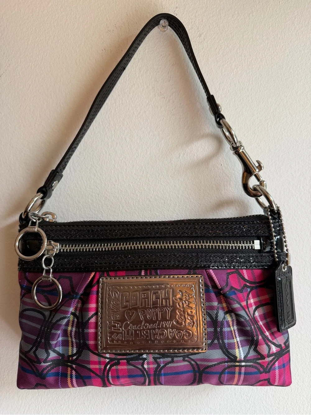 Coach Poppy Tartan Plaid Graffiti Wristlet Mini Bag Y2K Pink Purple